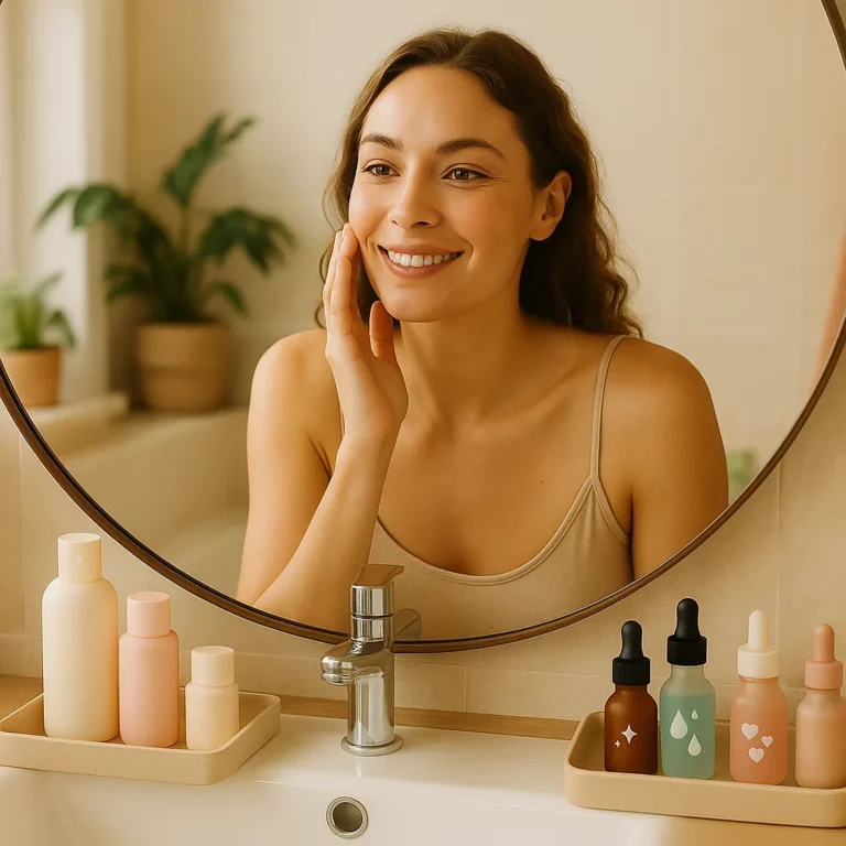 Woman smiling and touching her face while looking in a bathroom mirror with various skincare bottles and serum droppers arranged on the sink