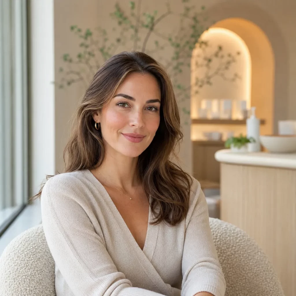 Smiling woman with healthy glowing skin seated in a modern spa or wellness clinic interior