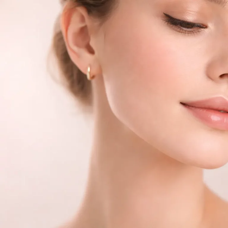 Close-up beauty portrait of a woman’s cheek, lips, and eye with soft natural makeup and a small gold hoop earring on a pastel background