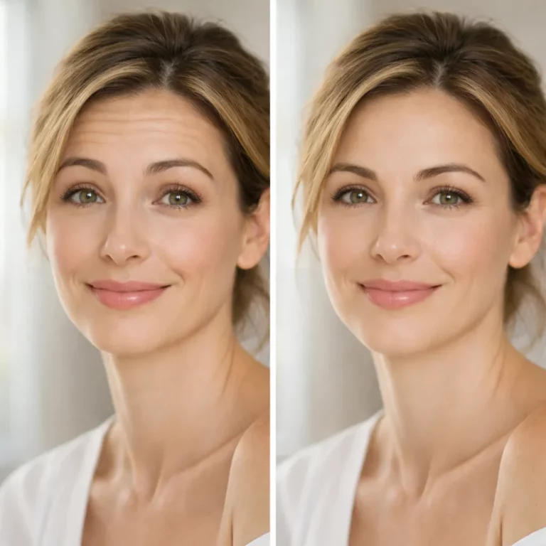 Side-by-side comparison portrait of a woman’s face showing before and after skin smoothing and retouching, with natural makeup and soft lighting
