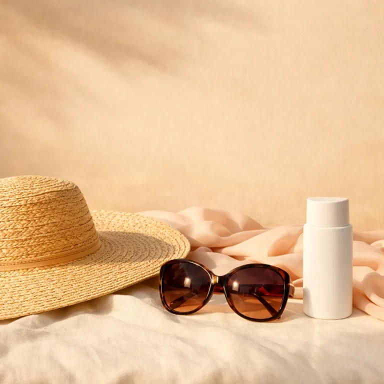 Summer still life with straw hat, sunglasses, and sunscreen bottle on soft fabric, sun protection and beach skincare concept