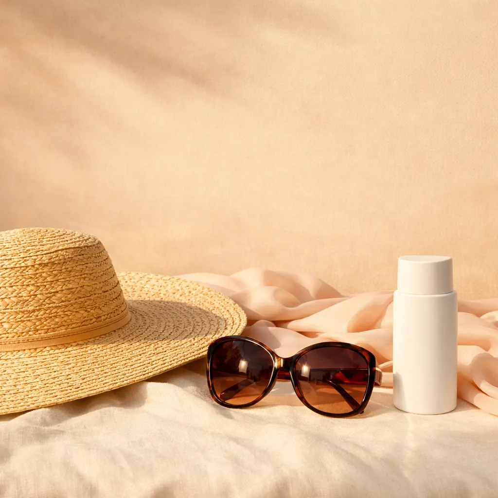 Summer still life with straw hat, sunglasses, and sunscreen bottle on soft fabric, sun protection and beach skincare concept