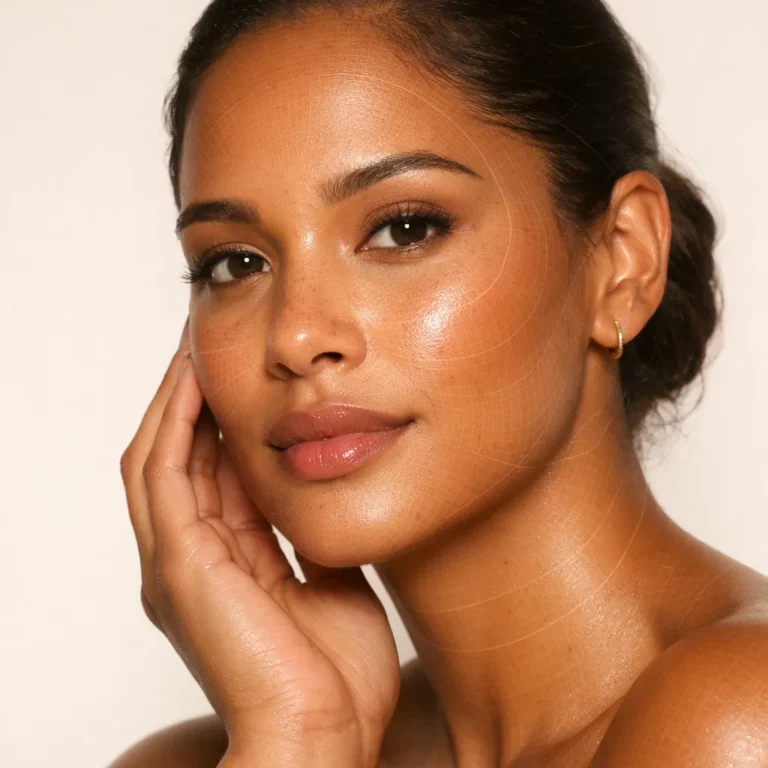 Close-up portrait of a woman with glowing skin, natural makeup, and hand gently touching her face on a neutral background