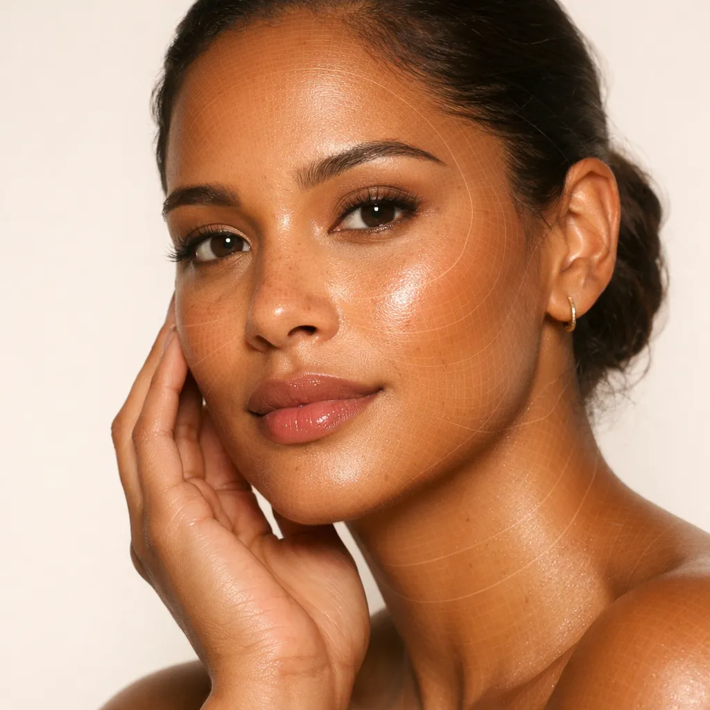 Close-up portrait of a woman with glowing skin, natural makeup, and hand gently touching her face on a neutral background