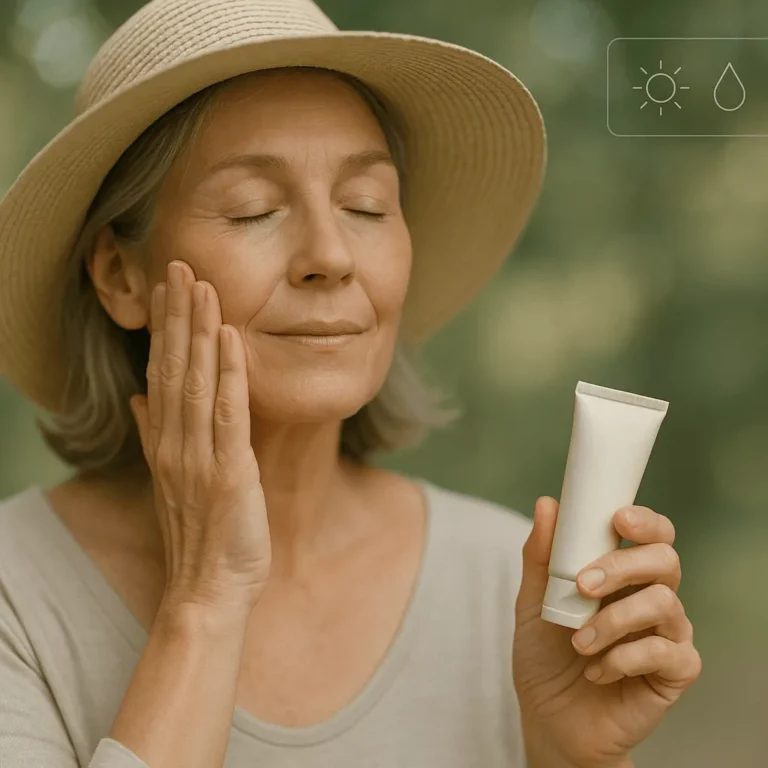 Older woman wearing a sun hat applying skincare outdoors while holding a tube of product, with sun protection and hydration icons in the corner