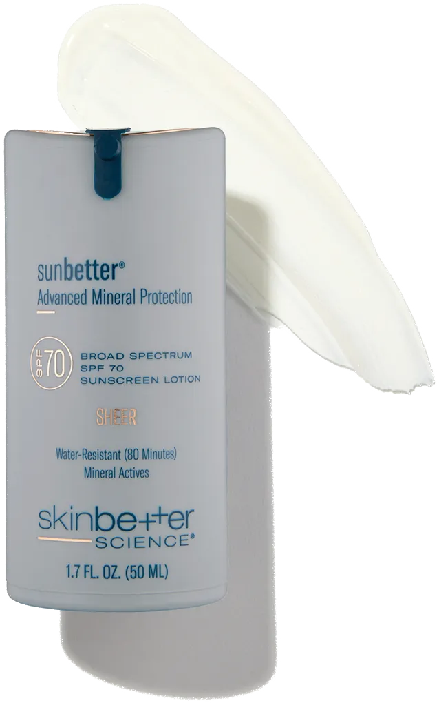 Skinbetter Science Sunbetter Advanced Mineral Protection Sheer SPF 70 Sunscreen Lotion bottle with sheer lotion swatch in background