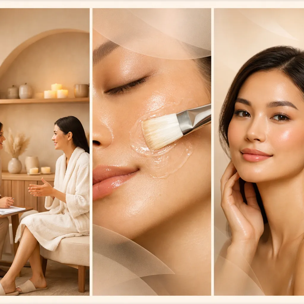Three-panel image showing a spa skincare journey including a consultation with a skincare professional, a close-up facial mask application with a brush, and a glowing woman touching her face after treatment in a warm, minimalist wellness setting
