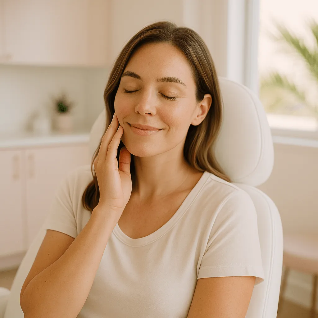 Woman sitting in a modern dental clinic chair, eyes closed and smiling softly while touching her jaw, conveying calm relief after TMJ treatment