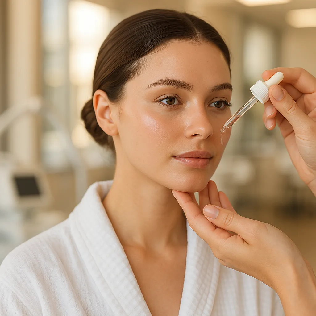 Woman in a white robe receiving a facial serum treatment with a dropper in a spa or skincare clinic