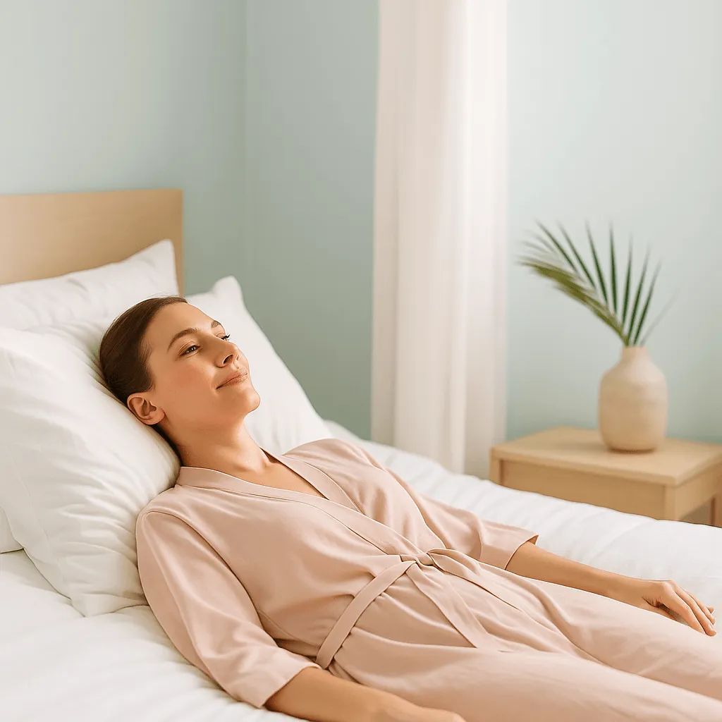 Relaxed woman in a blush spa robe reclining on white bedding in a serene, minimalist bedroom, illustrating recommended rest and post-Botox aftercare for an article on what not to do after Botox