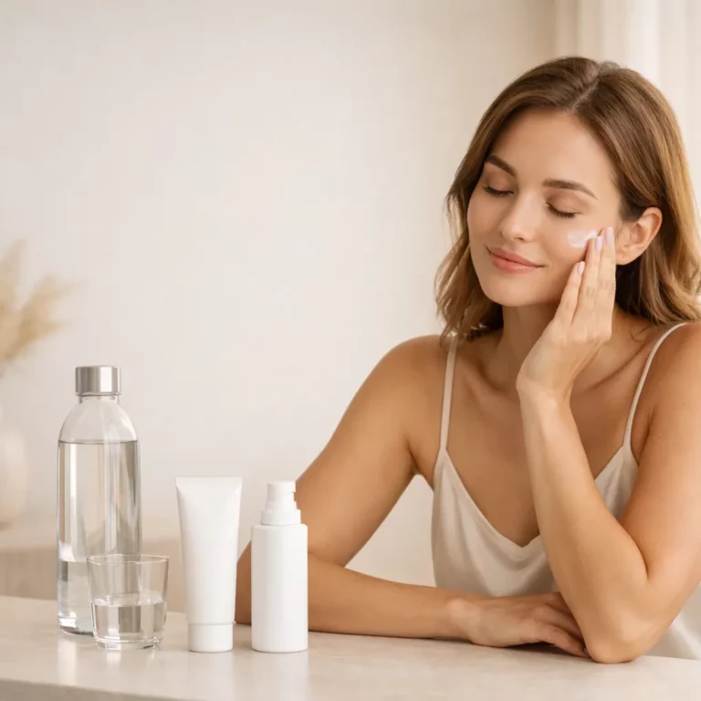 Woman applying face cream during a minimalist skincare routine with cosmetic bottles and water on a clean vanity table