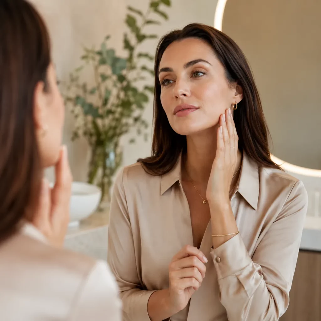 Woman checking her skin in a bathroom mirror during a skincare routine