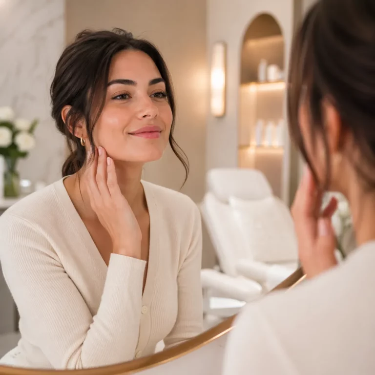 Woman examining her skin in mirror in a bright spa clinic setting