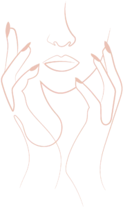 Minimalist line drawing of a woman's face and hand in profile, with delicate, continuous lines forming the outline of her features and fingers. The artwork emphasizes simplicity and elegance in the facial and hand contour.