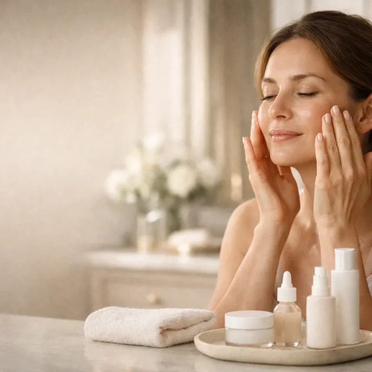 Woman gently massaging moisturizer into her face at a bathroom vanity with skincare products, representing a calming facial skincare routine