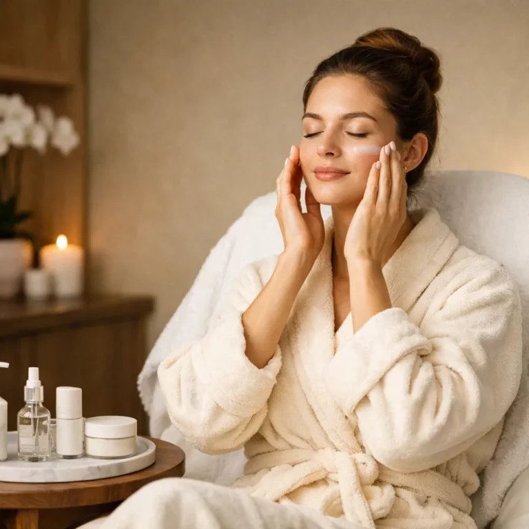 Woman in a bathrobe applying facial moisturizer during a relaxing skincare routine at home with beauty products nearby