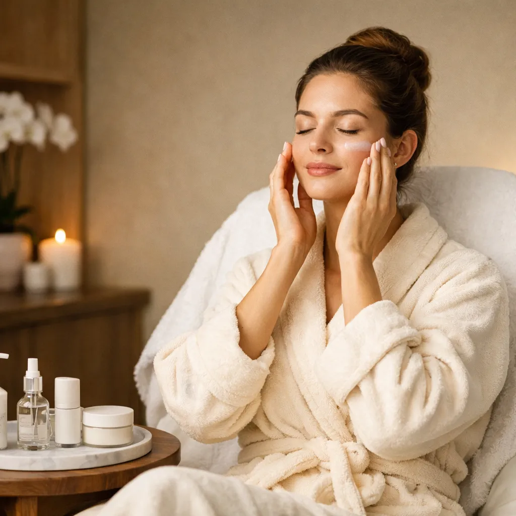 Woman in a bathrobe applying facial moisturizer during a relaxing skincare routine at home with beauty products nearby