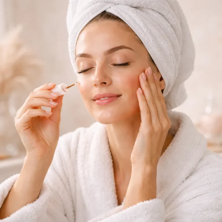 Woman in white bathrobe and towel applying facial serum with dropper during skincare routine