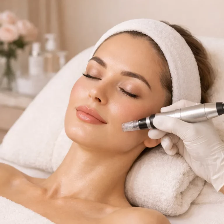 Woman receiving a facial microneedling treatment in a spa with eyes closed and a relaxed expression