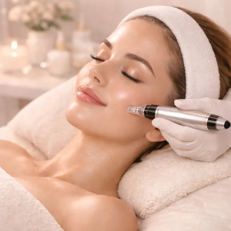 Woman receiving a facial skincare treatment with a microneedling device at a spa, eyes closed and wearing a white headband in a relaxing setting