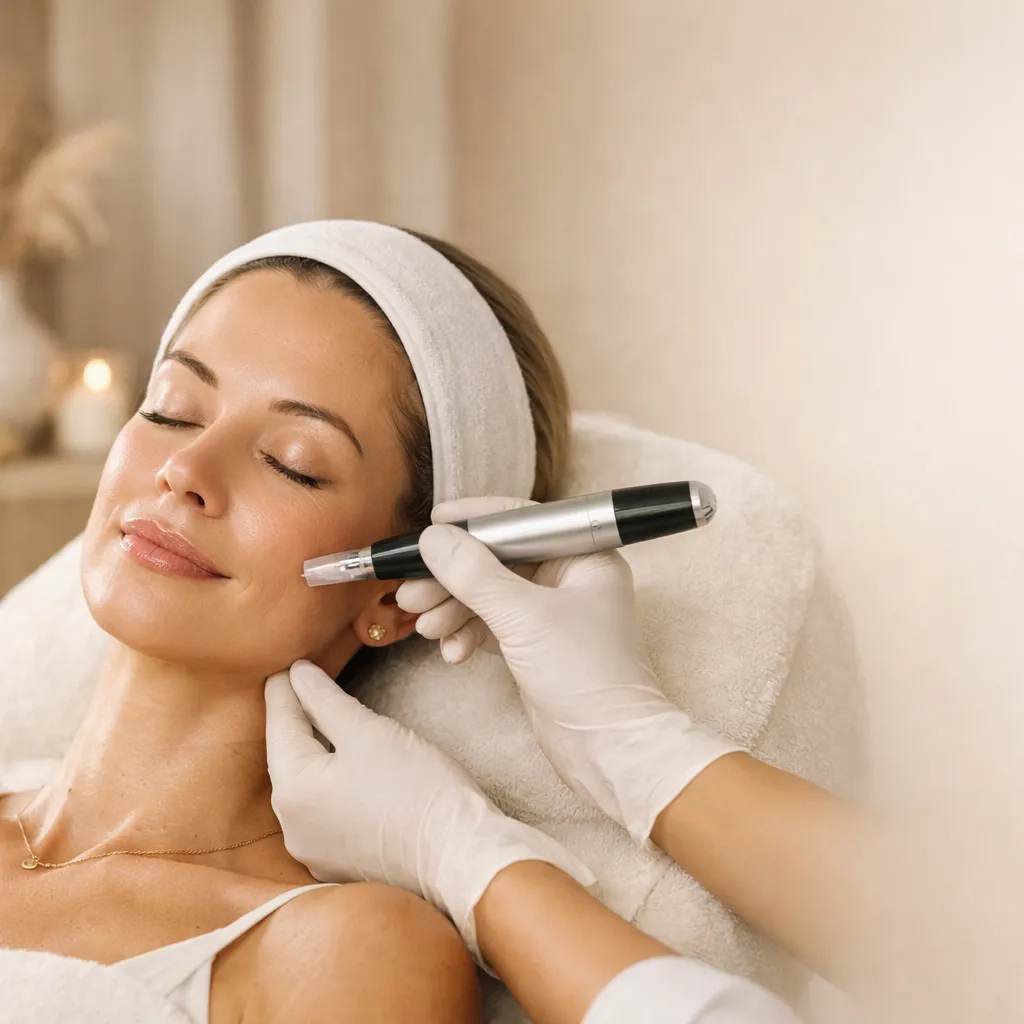 Woman receiving a professional facial skin treatment with a cosmetic device at a spa, wearing a headband while a technician applies a skincare procedure to her cheek