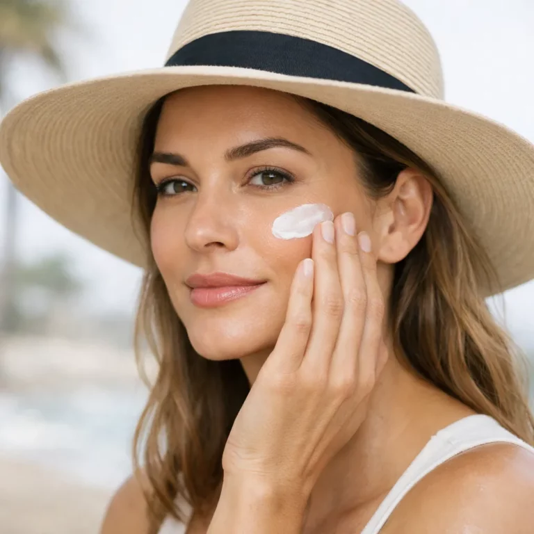 Woman wearing a straw hat applying sunscreen to her face outdoors near the beach, highlighting sun protection skincare routine