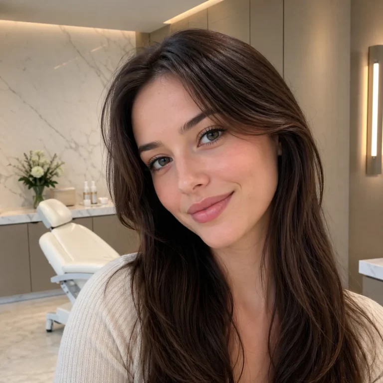 Woman with clear skin smiling in modern aesthetic clinic treatment room