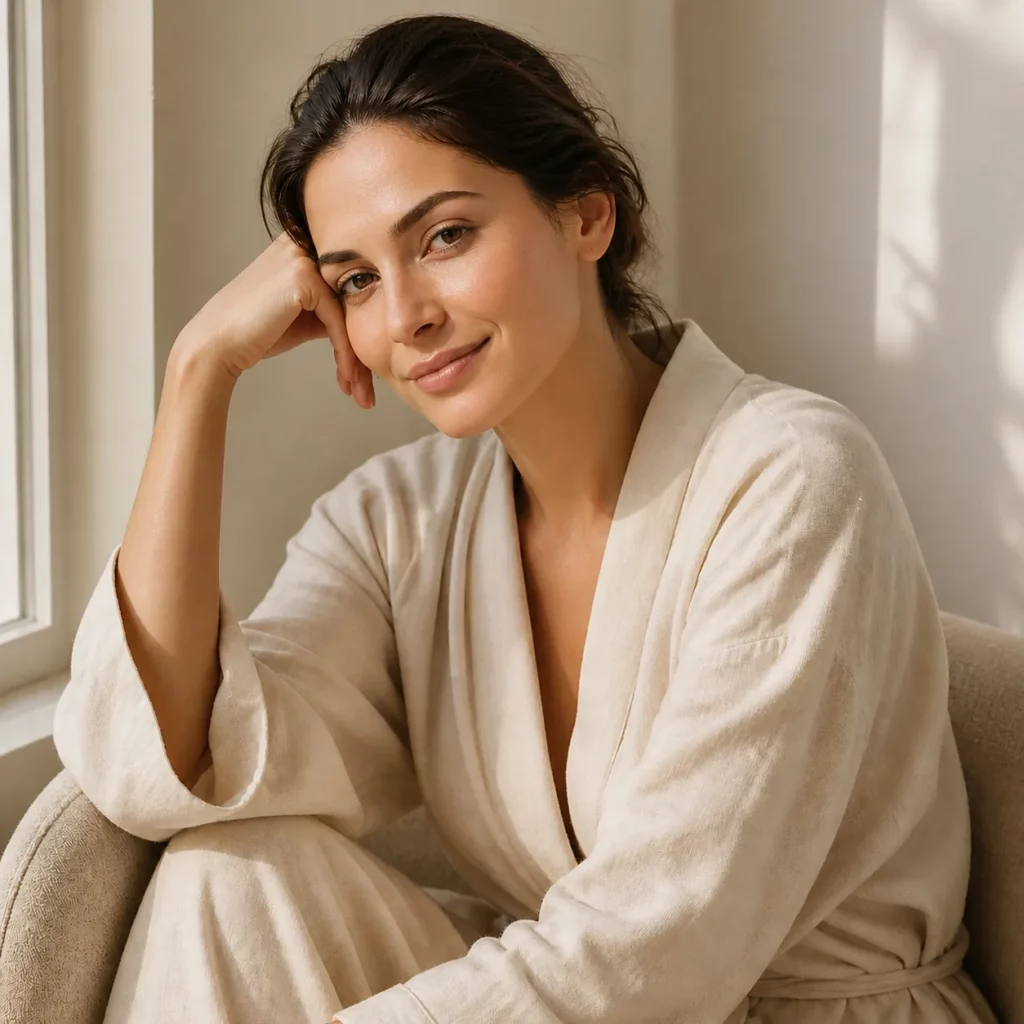Woman with natural glowing skin in beige loungewear sitting by window in soft sunlight, relaxed beauty portrait showcasing skincare results