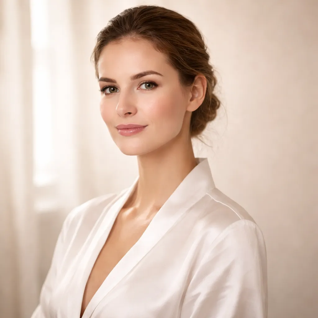 Woman with natural makeup and hair in a neat bun wearing a white robe, soft skincare beauty portrait in neutral setting